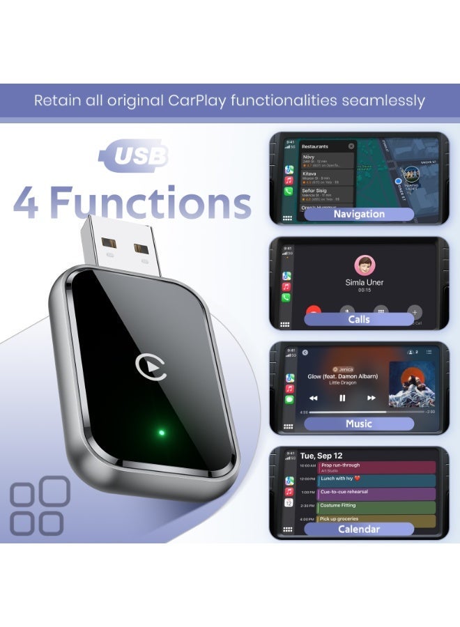 كينجوان محول كار بلاي لاسلكي مُحسّن لأجهزة iPhone، يُحوّل من السلكي إلى اللاسلكي من Apple CarPlay، بدون تأخير، اتصال تلقائي، وتحكم مستقر، حجم صغير مع كابل تمديد USB-C وType-C (أسود) - Image 3
